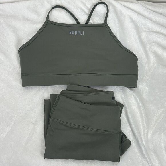 NoBull Womens Matte High Neck Sports Bra And Crop Legging 21" Set M/L Army Green - Picture 2 of 13